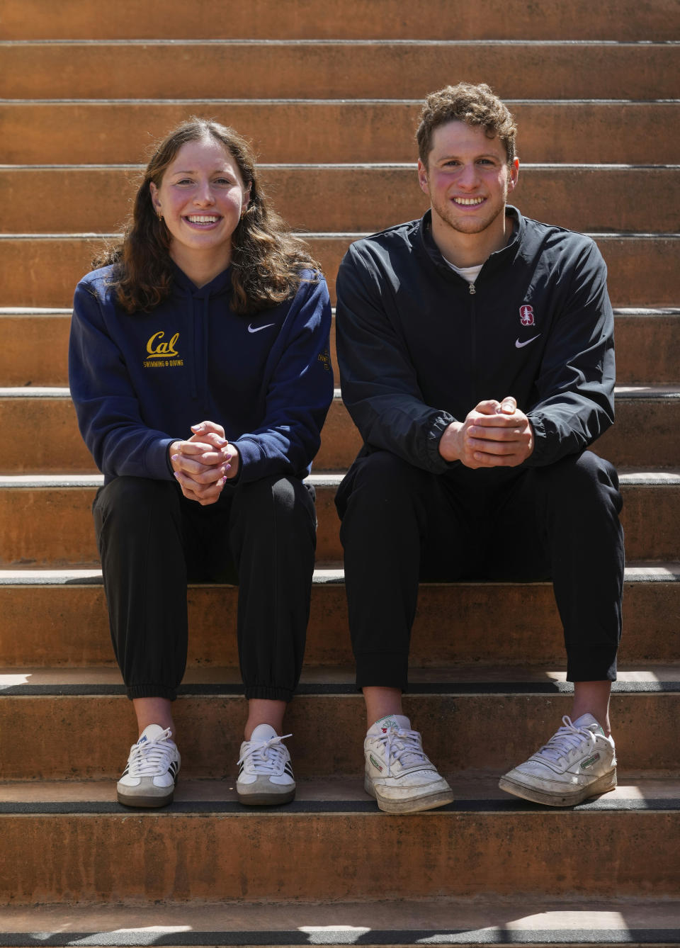 Siblings Leah and Ron Polonsky are photographed, Saturday, April 6, 2024, in Stanford, Calif. Ron swims for Stanford. Leah competes at rival California, in nearby Berkeley. (AP Photo/Godofredo A. Vásquez)