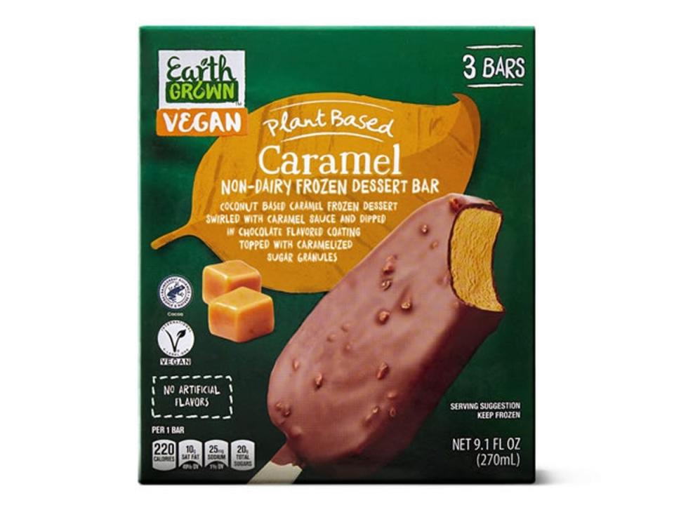 Aldi photo of green and orange box of dairy-free ice-cream bars against white background