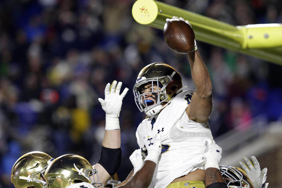 Notre Dame wide receiver Chase Claypool (83) celebrates a touchdown against Duke during the first half of an NCAA college football game in Durham, N.C., Saturday, Nov. 9, 2019. (AP Photo/Gerry Broome)