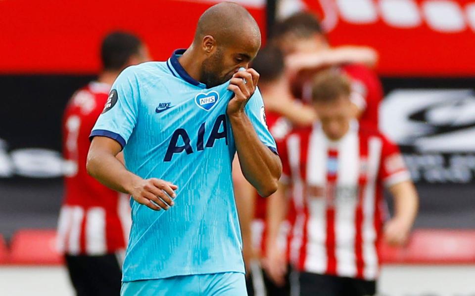 Lucas Moura shows his frustration after Tottenham are denied an equaliser - REUTERS