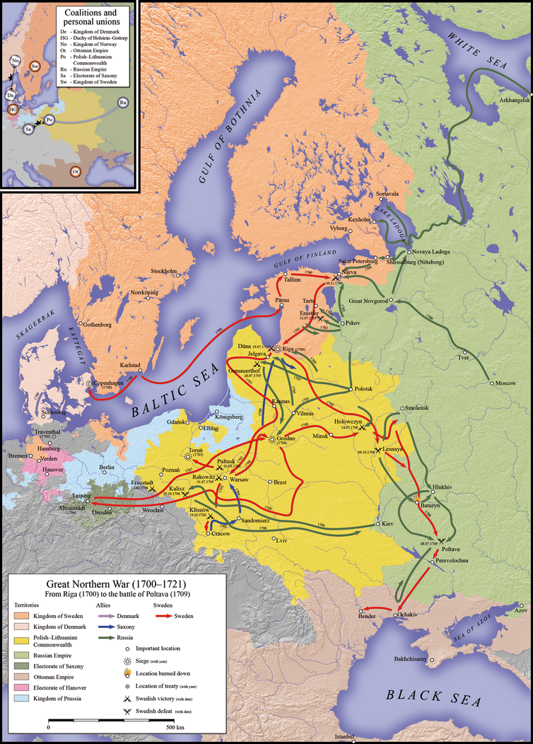 Map showing the limits and extension of the Russian empire, Polish-Lithuanian Commonwealth, Kingdom of Sweden, and Ottoman Empire at the time of Peter the Great of Russia.