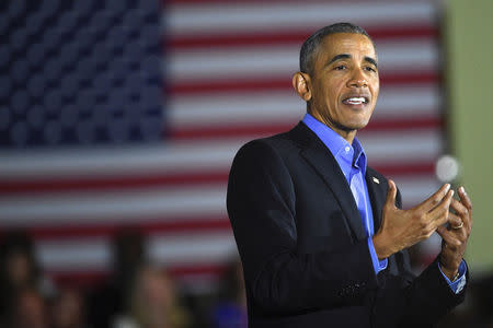 Former President Barack Obama speaks at a rally with New Jersey Democratic Gubernatorial candidate Jim Murphy in Newark, New Jersey U.S. October 19, 2017. REUTERS/Mark Makela