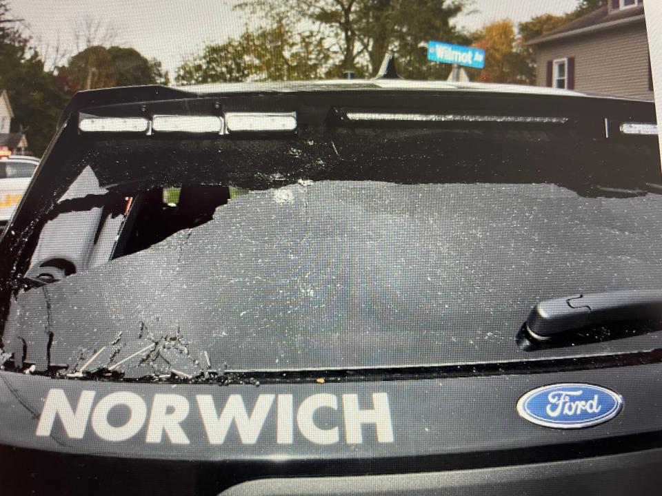 Bullet damage sustained by Norwich police Officer Scott Dupointe's cruiser in October.