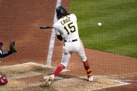 Pittsburgh Pirates' Oneil Cruz hits an RBI sacrifice fly off New York Yankees relief pitcher Lucas Luetge during the sixth inning of a baseball game in Pittsburgh, Tuesday, July 5, 2022. (AP Photo/Gene J. Puskar)