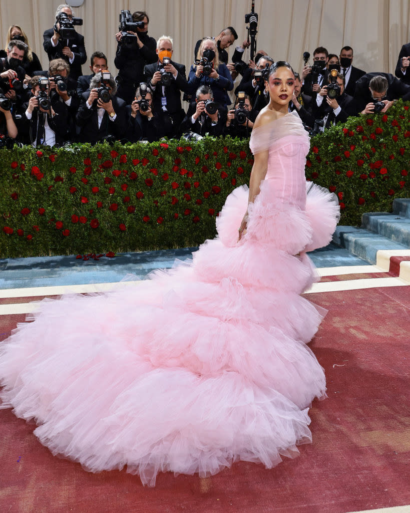 Tessa Thompson in a dress with a poufy train