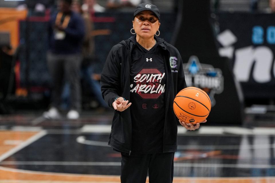 South Carolina Gamecocks head coach Dawn Staley stands on the court during team practice at American Airlines Center in Dallas ahead of Friday's Final Four.