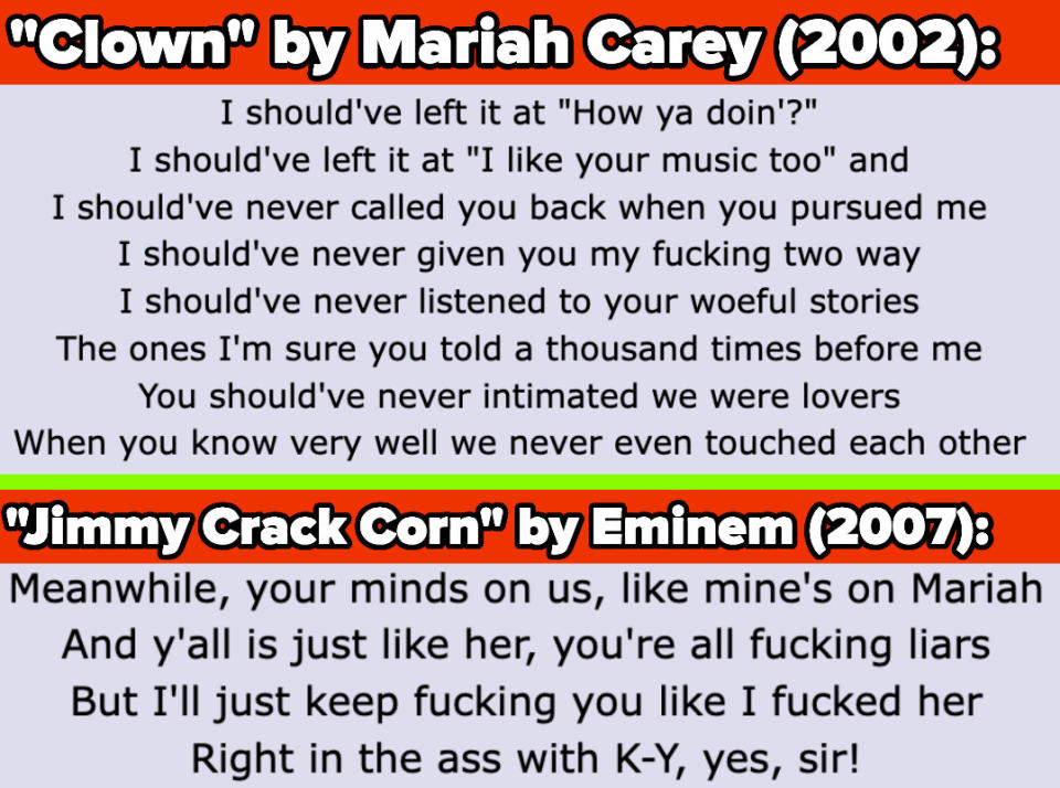 Carey lyrics from "Clown;" Eminem lyrics from "Jimmy Crack Corn"
