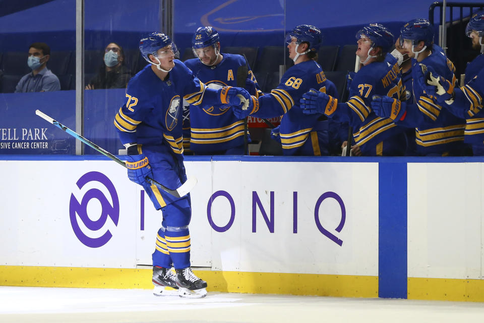 Buffalo Sabres forward Tage Thompson (72) celebrates his goal during the second period of an NHL hockey game against the New York Islanders, Monday, May 3, 2021, in Buffalo, N.Y. (AP Photo/Jeffrey T. Barnes)
