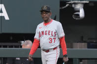 Los Angeles Angels manager Ron Washington walks onto the field before a baseball game against the Texas Rangers in Arlington, Texas, Friday, May 17, 2024. (AP Photo/LM Otero)