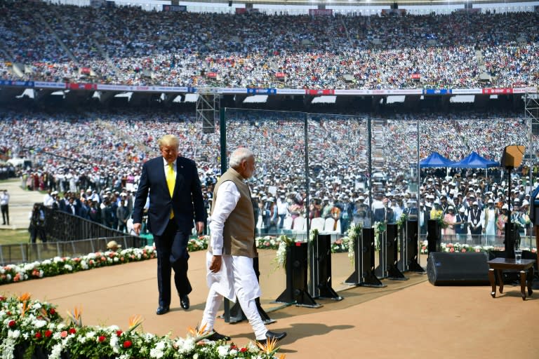 US President Donald Trump and India's Prime Minister Narendra Modi at a cricket stadium in Ahmedabad in February 2020 (Mandel NGAN)