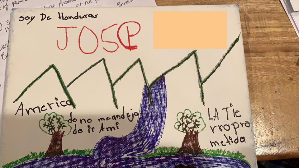 Jose, 11, draws the United States and the Rio Grande River. He writes, 