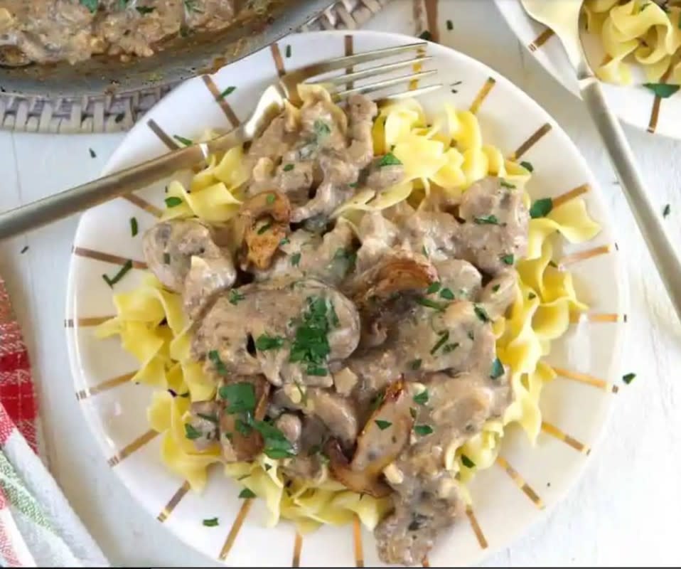 <p>The Suburban Soapbox</p><p><strong>Get the recipe: <a href="https://thesuburbansoapbox.com/20-minute-skinny-beef-stroganoff" rel="nofollow noopener" target="_blank" data-ylk="slk:Lightened Up Beef Stroganoff;elm:context_link;itc:0;sec:content-canvas" class="link ">Lightened Up Beef Stroganoff</a></strong></p>