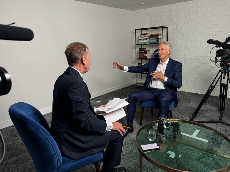 Former PM Tony Blair is interviewed by editor-in-chief Geordie Greig for Independent TV (Independent)