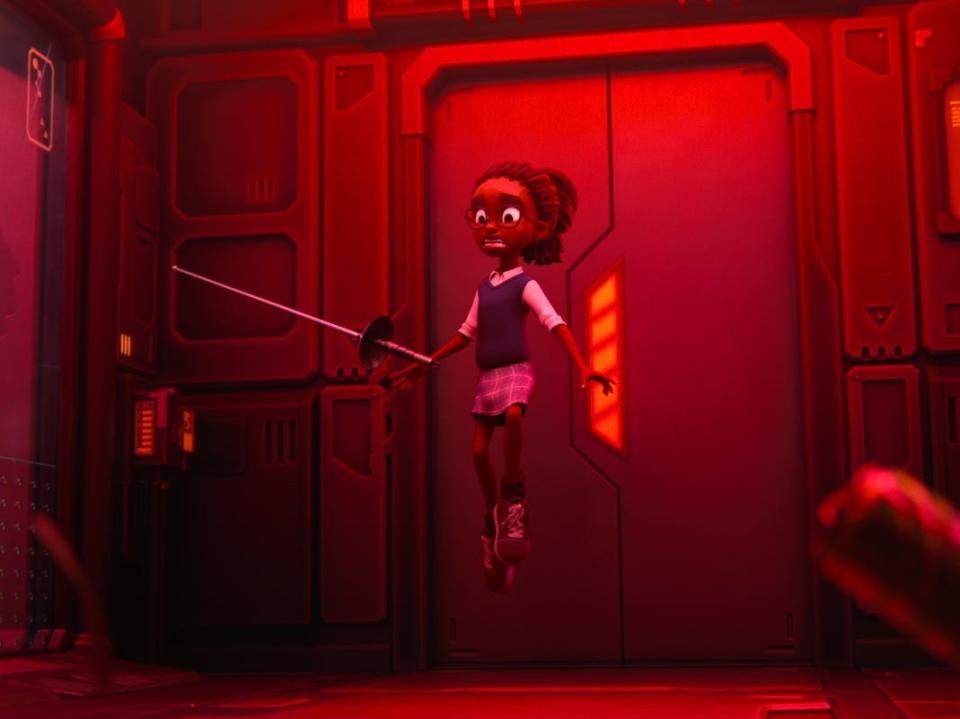 An animated still of a young girl floating in a futuristic room.