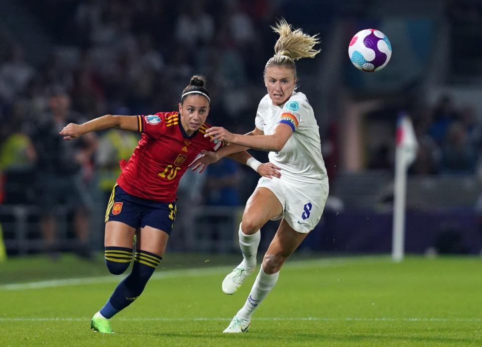 Spain’s Athenea del Castillo and England’s Leah Williamson (right) battle for the ball during the UEFA Women’s Euro 2022 quarter final (Gareth Fuller/PA) (PA Wire)