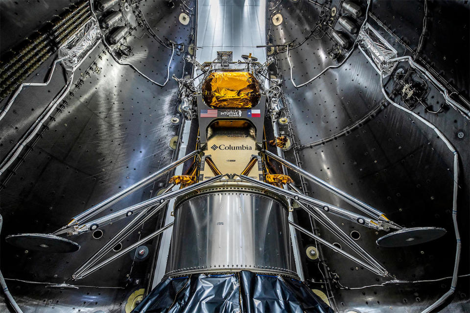 The Odysseus lander is seen just before being encapsulated inside the Falcon 9's nose fairing.  / Credit: SpaceX