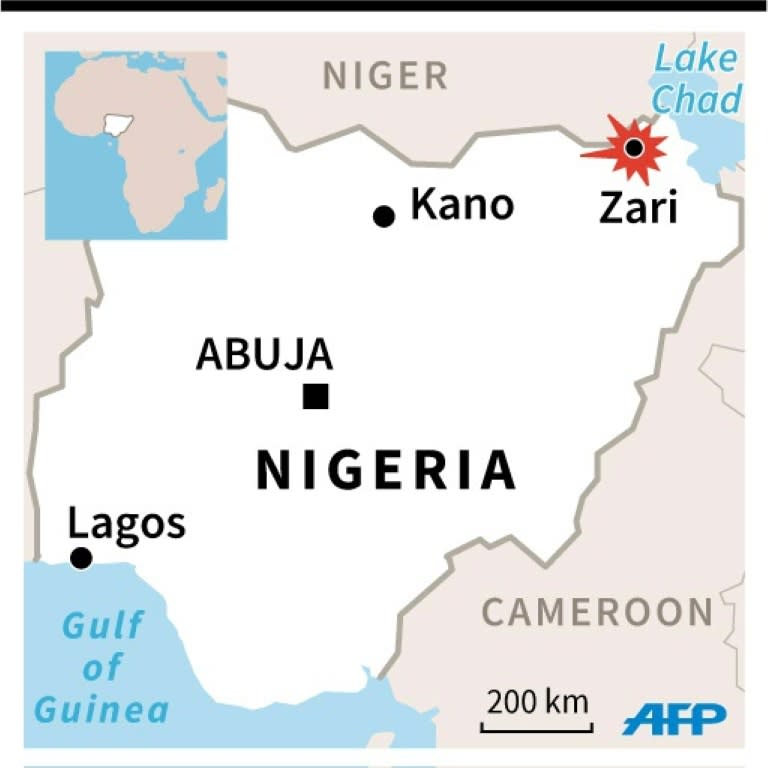 Map of Nigeria locating Zari where the death toll from a Boko Haram attack on an army post has risen from 30 to 48, military sources say