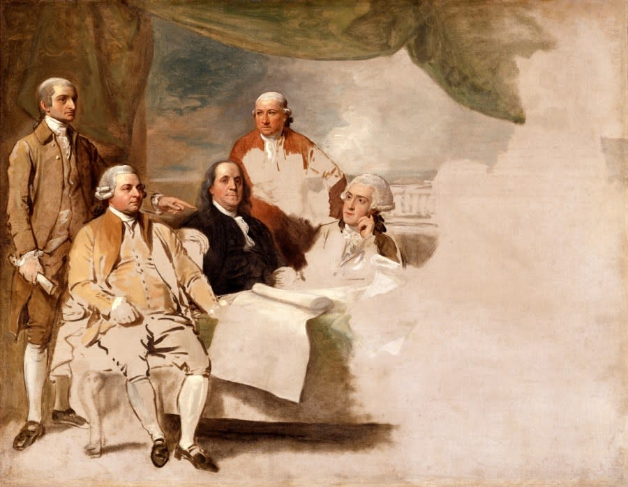 Treaty of Paris, by Benjamin West 1783. From left: John Jay, John Adams, Benjamin Franklin, Henry Laurens, and William Temple Franklin. The picture is unfinished because the British commissioners refused to pose.