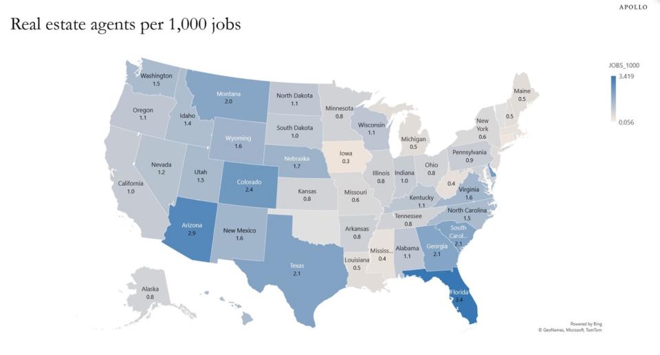 Real estate agents per 1,000 jobs