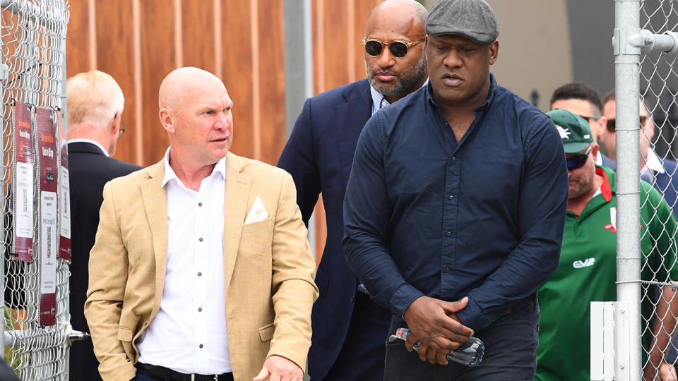 Former NRL players Allan Langer, Lote Tuqiri and Wendell Sailor, pictured here at the public funeral service for Paul Green. 