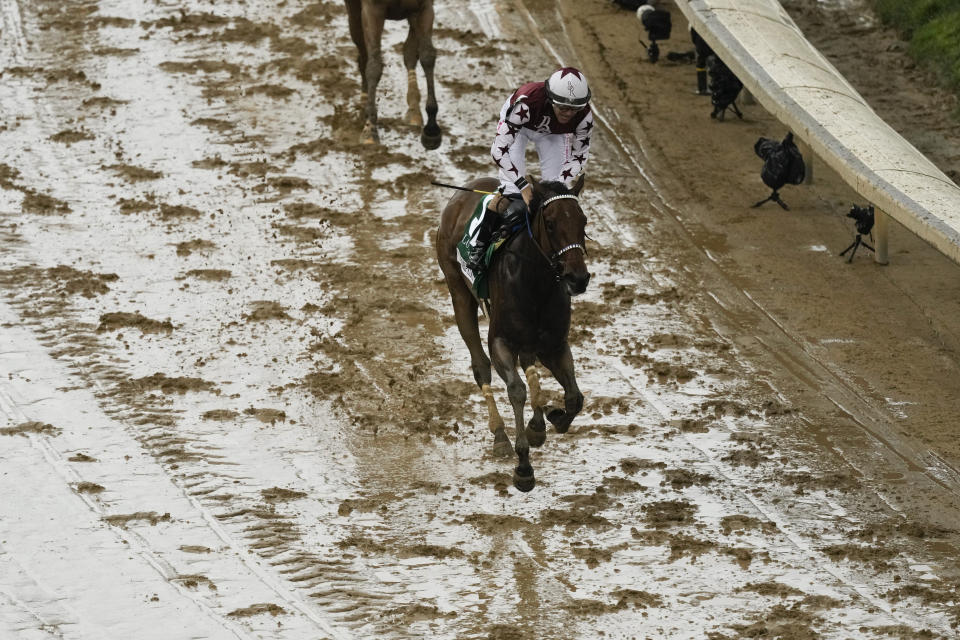 Brian Hernandez Jr. rides Thorpedo Anna to win he 150th running of Kentucky Oaks horse race at Churchill Downs Friday, May 3, 2024, in Louisville, Ky. (AP Photo/Charlie Riedel)