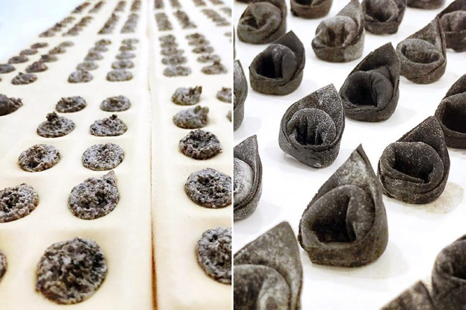 Mushroom Ravioli (left). Squid Ink Tortellini (right).