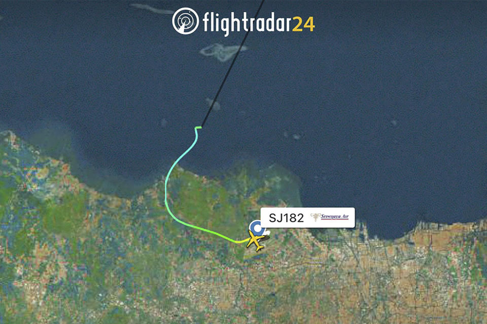 This radar image shows the flight path of Indonesian Sriwijaya Air Flight 182 before it dropped off radar, Saturday, Jan. 9, 2021. The Sriwijaya Air passenger jet carrying 62 people lost contact with air traffic controllers after taking off from Indonesia’s capital on Saturday on a domestic flight, officials said. (Flightradar24.com via AP)