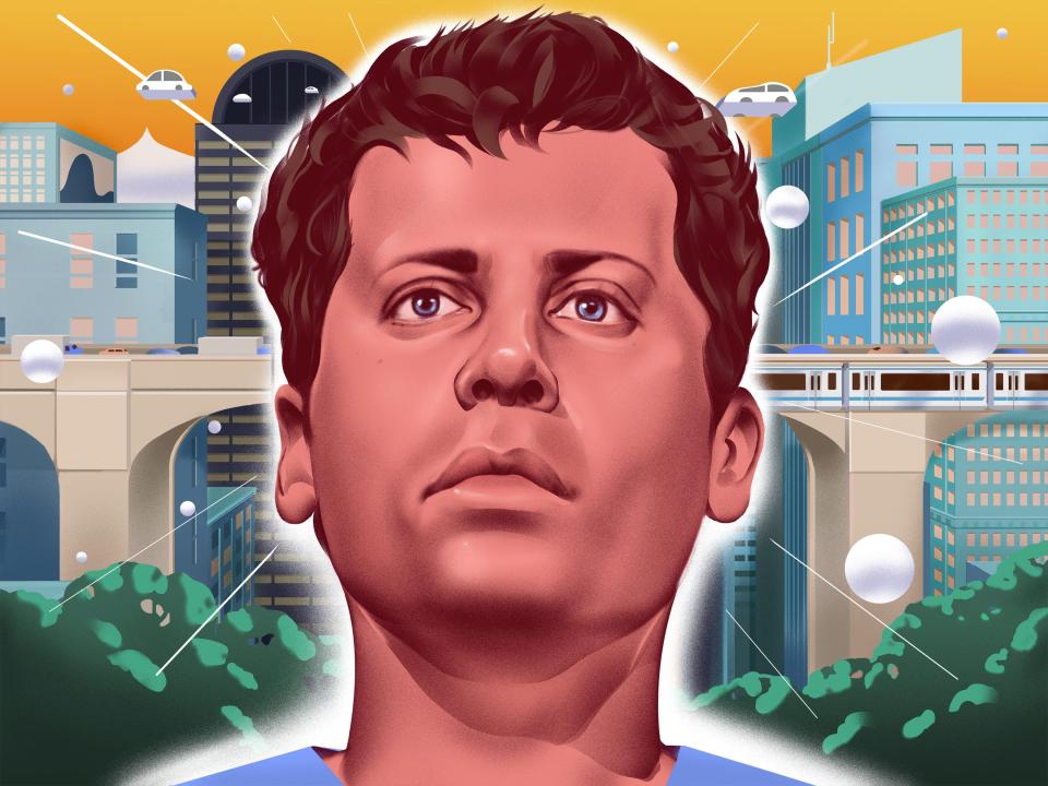 illustration of Sam Altman in front of a futuristic city