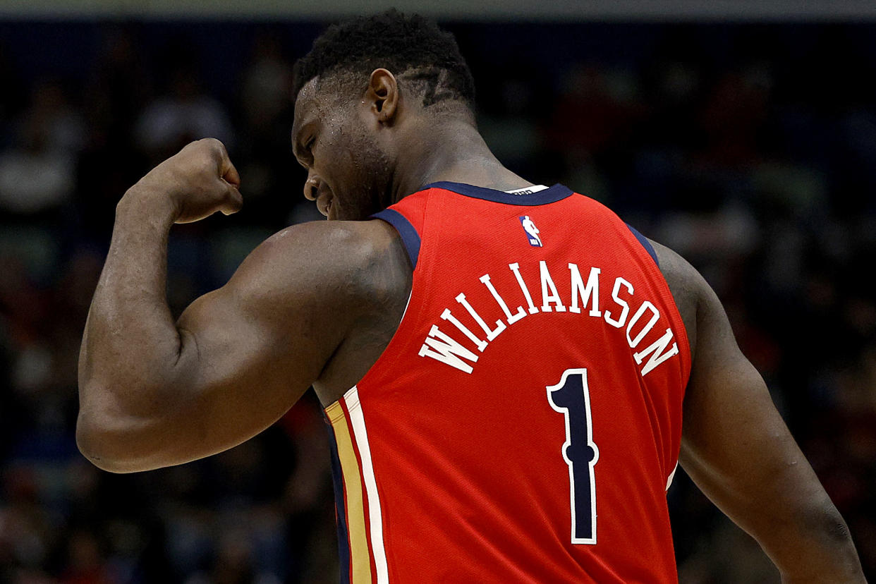 NEW ORLEANS, LOUISIANA - MARCH 16: New Orleans Pelicans forward Zion Williamson #1 reacts after scoirng during the first quarter of an NBA game against the Portland Trail Blazers at Smoothie King Center on March 16, 2024 in New Orleans, Louisiana. NOTE TO USER: User expressly acknowledges and agrees that, by downloading and or using this photograph, User is consenting to the terms and conditions of the Getty Images License Agreement. (Photo by Sean Gardner/Getty Images)
