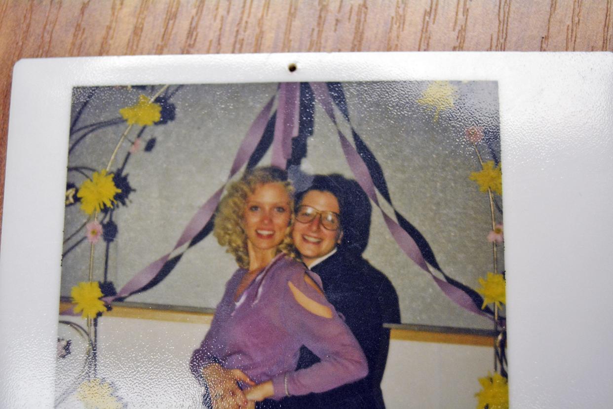 Carrie Barnett, right, in a 1978 photo with her Stephens College roomate at a queer prom held on the University of Missouri campus. The pair went as friends, not as a couple, Barnett said.