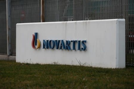 The logo of Swiss drugmaker Novartis is seen outside the company's offices in Athens, Greece, February 6, 2018.  REUTERS/Costas Baltas