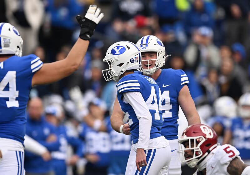 Brigham Young Cougars place kicker Will Ferrin (44) celebrates hitting a 49 yard field goal with teammates as BYU and Oklahoma play at LaVell Edwards stadium in Provo on Saturday, Nov. 18, 2023. | Scott G Winterton, Deseret News