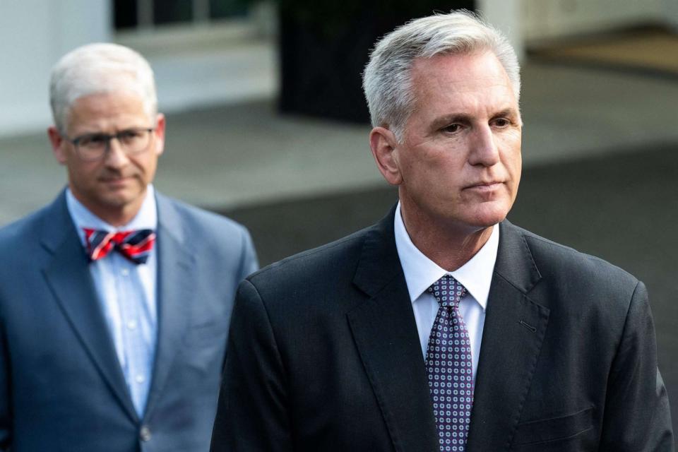 PHOTO: Speaker of the House Kevin McCarthy and Representative Patrick McHenry, speak with the media following a meeting with US President Joe Biden about the debt ceiling negotiations at the White House, May 22, 2023. (Saul Loeb/AFP via Getty Images)