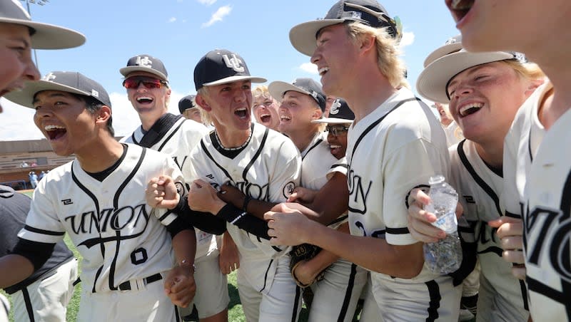 The Union Cougars celebrate winning the 3A baseball state championship game against the Canyon View Falcons at Salt Lake Community College’s Cate Field in West Jordan on Saturday, May 11, 2024. Union won 9-3.