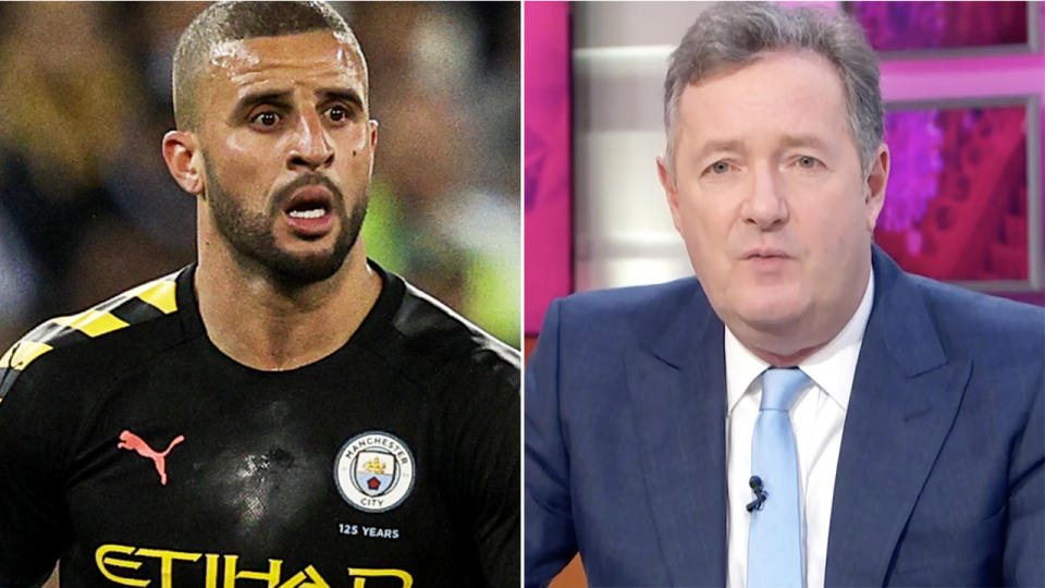 Footballer Kyle Walker is pictured next to TV host Piers Morgan in a split 50/50 image.