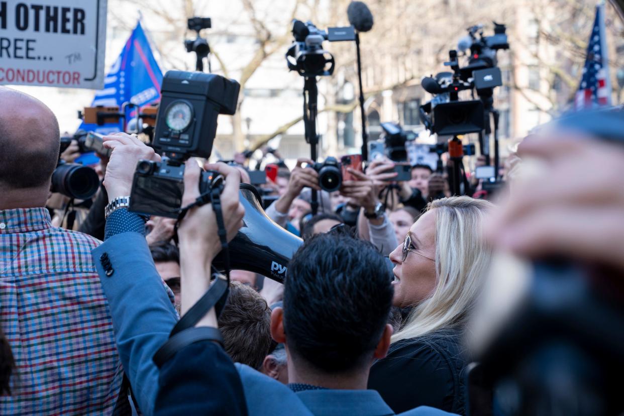 Rep. Marjorie Taylor Greene, R-Ga., speaks outside the Manhattan Criminal Courthouse in New York City.