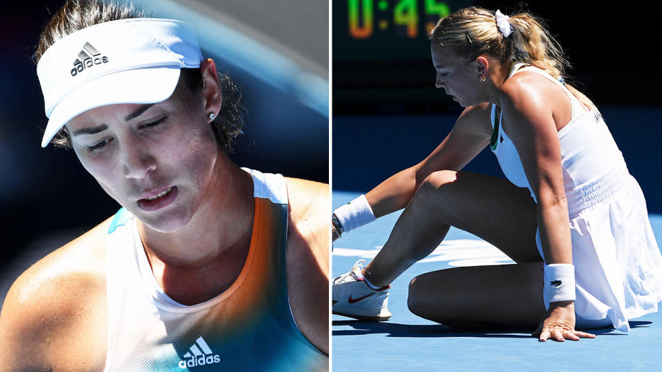 Garbine Muguruza and Anett Kontaveit, pictured here crashing out of the Australian Open in the third round.