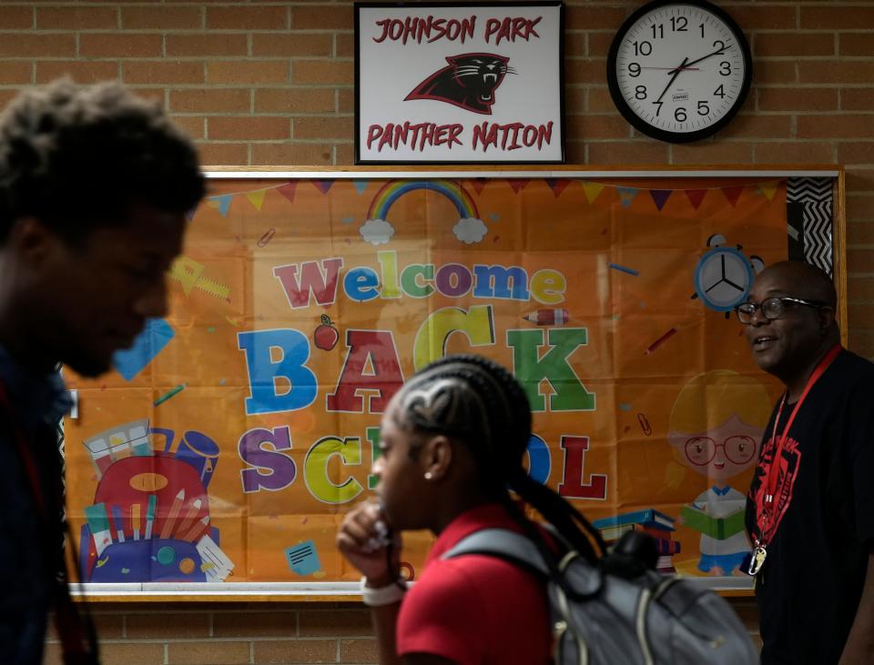 Students walk through a hallway at Johnson Park Middle School on the first day of the 2023-24 school year on Wednesday, Aug. 23, 2023, for most students in Columbus City Schools.
