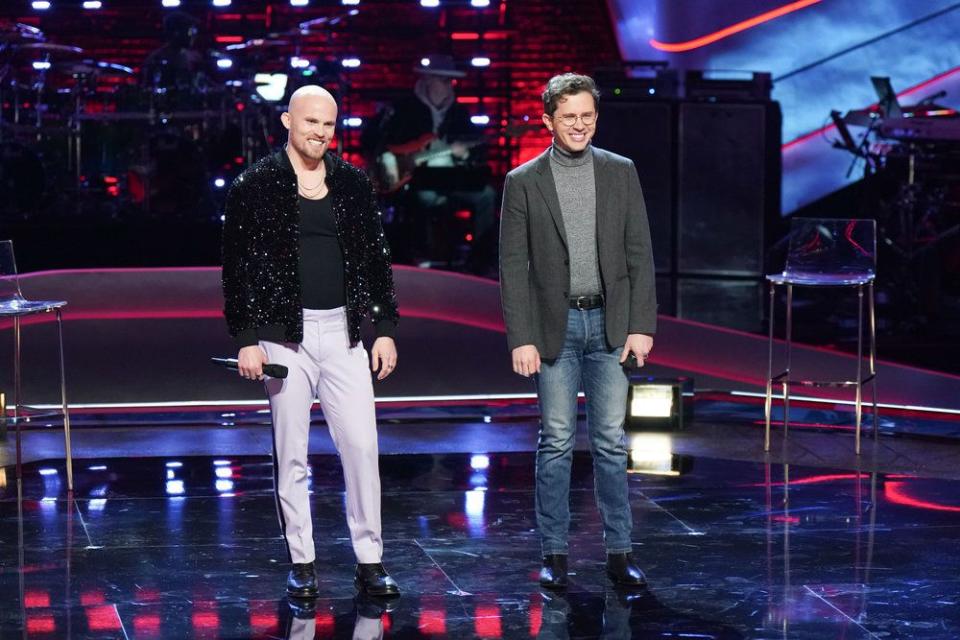 EJ Michels, left, and Michael B. get feedback from “The Voice” coaches following their performances for the Knockout round. | Tyler Golden, NBC