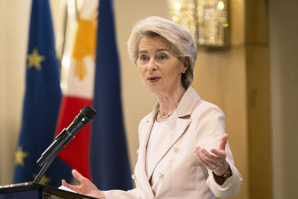 European Commission President Ursula von der Leyen speaks at a business event in Fairmont Hotel, Makati City, Philippines on Monday July 31, 2023. (Eloisa Lopez/Pool Photo via AP)