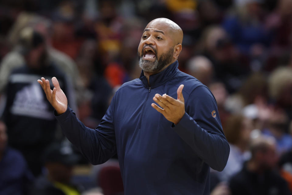 Cleveland Cavlliers head coach J.B. Bickerstaff yells during the second half of a NBA basketball game against the Orlando Magic, Wednesday, Oct. 26, 2022, in Cleveland. (AP Photo/Ron Schwane)