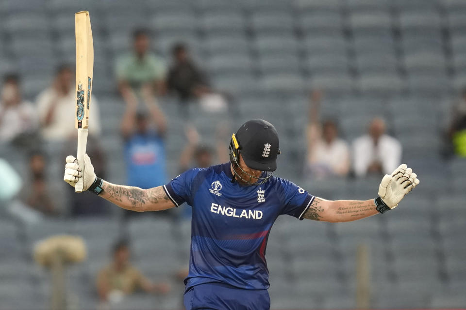 England's Ben Stokes celebrates his century during the ICC Men's Cricket World Cup match between England and Netherlands in Pune, India, Wednesday, Nov. 8, 2023. (AP Photo/Rafiq Maqbool)