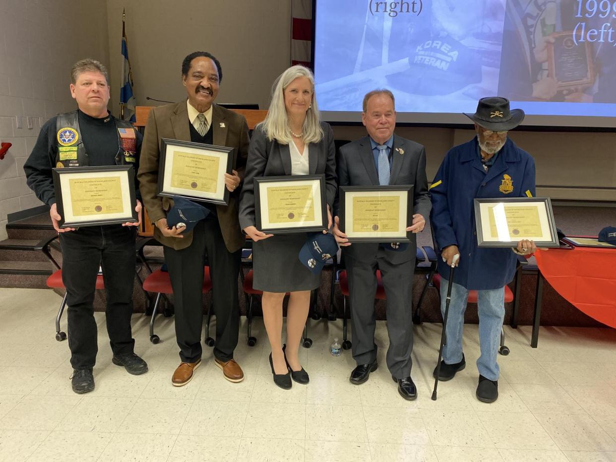 Veteran George Crouch, left, holds his Unsung Hero Award from the Rockland Buffalo Soldiers and stands with Legislator Toney Earl, Veterans Servies Coordinator Susan Branam, County Executive Ed Day, and Grady Anderson Jr. at the annual ceremony held at the Rockland Fire Training Center on Feb 14, 2024.