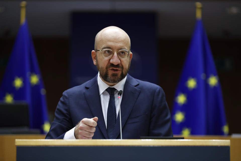 European Council President Charles Michel addresses European lawmakers during a plenary session on the inauguration of the new President of the United States and the current political situation, at the European Parliament in Brussels, Wednesday, Jan. 20, 2021. (AP Photo/Francisco Seco, Pool)