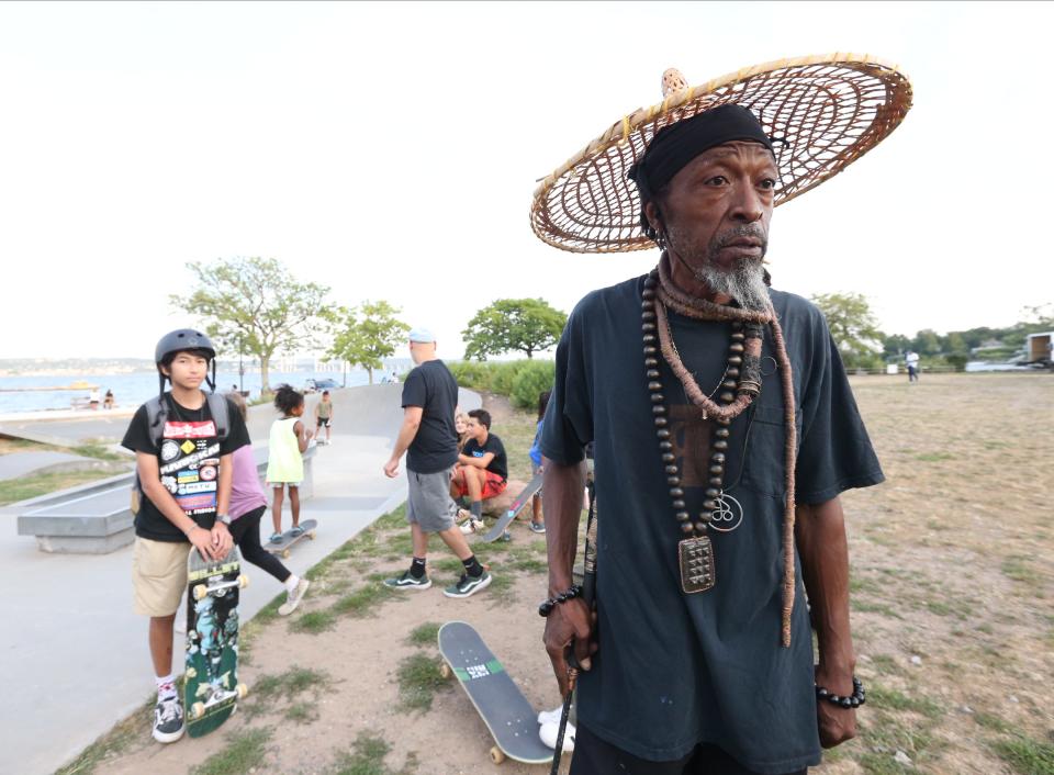 Skatboarder Jamaal Bey, right, with several of his students at the Skate Park at Memorial Park in Nyack on Friday, August 19, 2022.