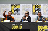 <p>Taron Egerton, Colin Firth, and Channing Tatum at Fox Comic-Con panel on July 20, 2017, in San Diego. (Photo: Kevin Winter/Getty Images) </p>