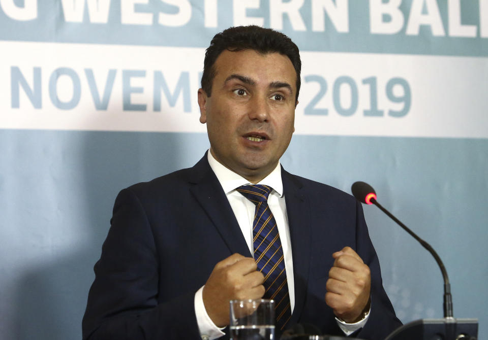 North Macedonia's Prime Minister Zoran Zaev talks for the media during a joint news conference, following the Western Balkan leaders' meeting in the southwestern town of Ohrid, North Macedonia, Sunday, Nov. 10, 2019. Western Balkan leaders say they are committed to work closely and to remove administrative barriers for free movement of goods and people between their countries. (AP Photo/Boris Grdanoski)