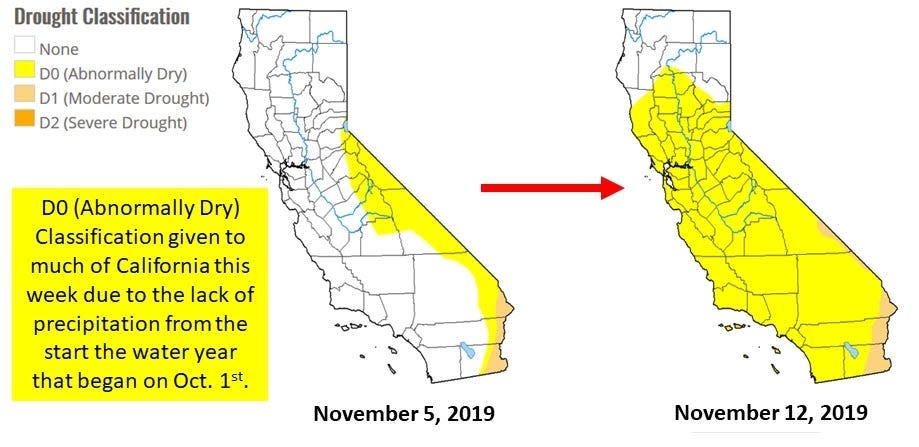 81% of California is "abnormally dry" due to the lack of precipitation from the start of the water year that began Oct. 1, according to the U.S. Drought Monitor. That's up from 18% last week.