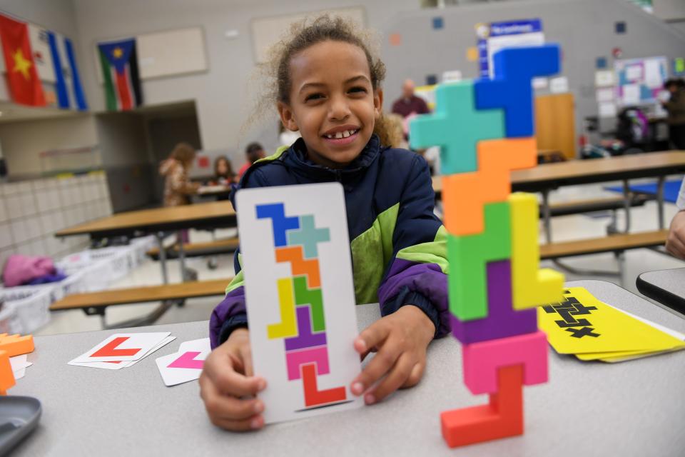 Erianna Jenkins, 7, plays with building blocks on Wednesday, Nov. 8, 2023 at Terry Redlin Elementary School in Sioux Falls, South Dakota.