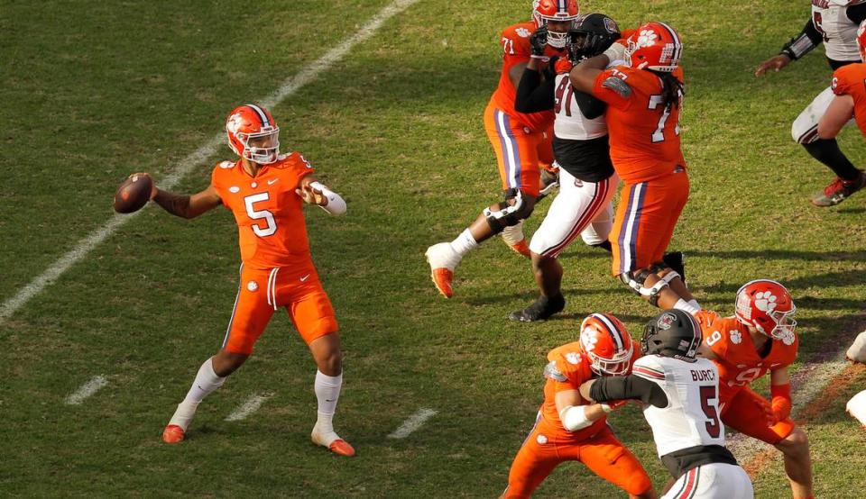 Clemson quarterback DJ Uiagalelei (5) passes against South Carolina during fourth-quarter action in Clemson, S.C. on Saturday, Nov. 26, 2022.